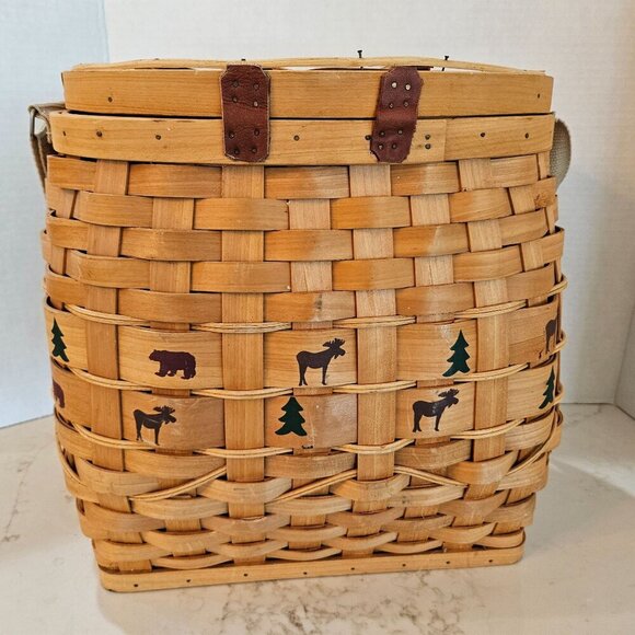 Northwood Woven Creel Fishing Basket Wildlife Print Hinged Lid, Adjustable Strap - Picture 2 of 11